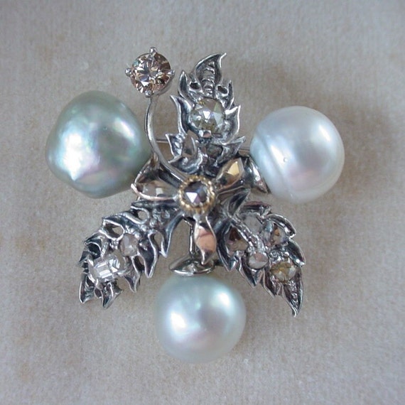 Seaman Schepps Antique Pearl Diamond Gold Brooch … - image 4