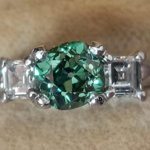 Old Mine Cut Green Diamond and Asscher Cut Side Diamonds Platinum Ring