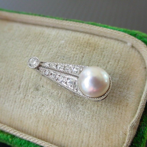 Antique Edwardian Pearl Diamond Platinum 14k Gold… - image 1