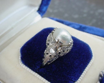 Antique Pearl Ring in 14k White Gold Filigree