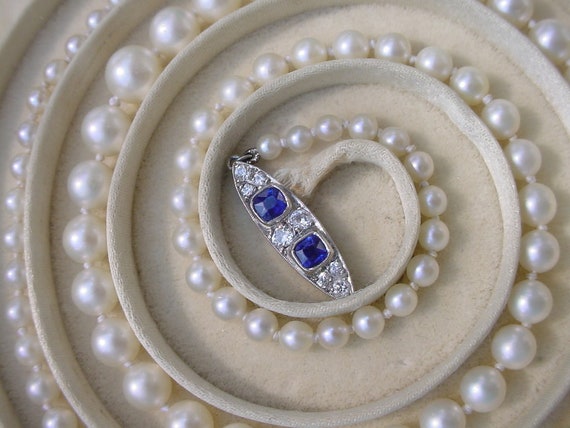 Antique Pearl Necklace with Sapphire Diamond Plat… - image 1