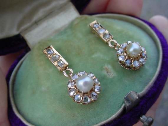 Victorian Natural Pearl and Rose Cut Diamond Earr… - image 2