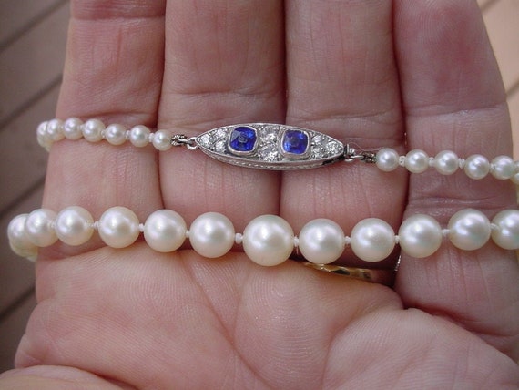 Antique Pearl Necklace with Sapphire Diamond Plat… - image 2