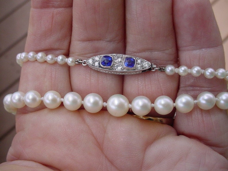 Antique Pearl Necklace with Sapphire Diamond Platinum Catch image 2