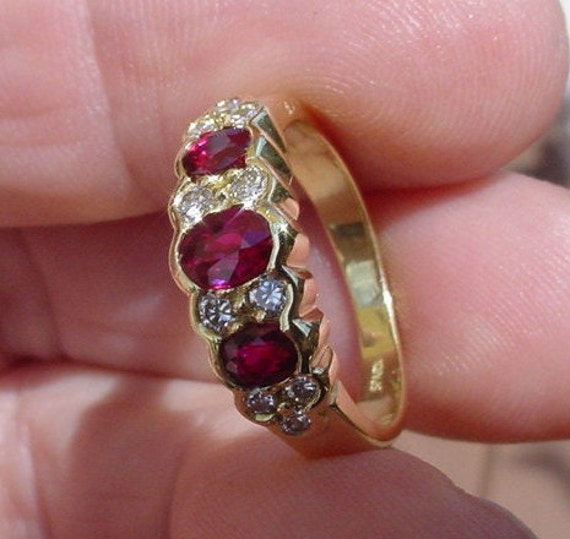 Spark Creations Three Stone Ruby Diamond Ring 18k… - image 3