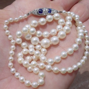 Antique Pearl Necklace with Sapphire Diamond Platinum Catch image 5