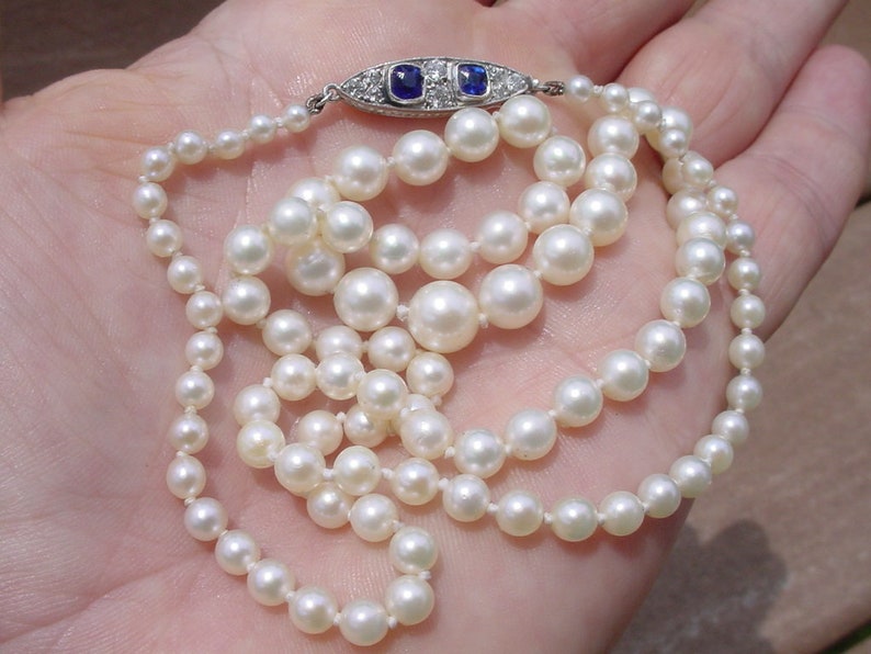 Antique Pearl Necklace with Sapphire Diamond Platinum Catch image 5