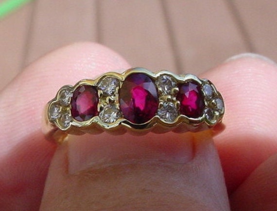 Spark Creations Three Stone Ruby Diamond Ring 18k… - image 4