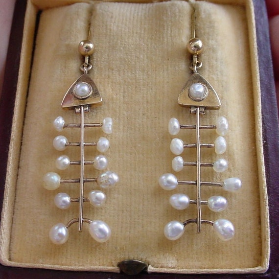 Antique Fishbone Pearl Gold Dangle Earrings - image 1