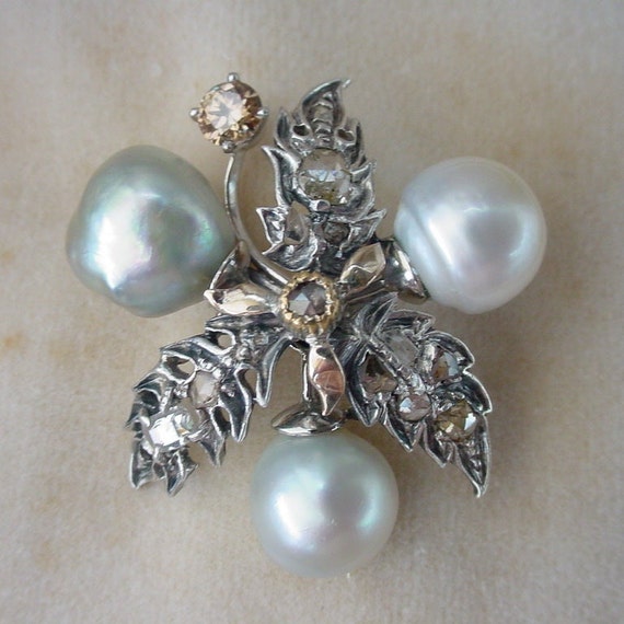 Seaman Schepps Antique Pearl Diamond Gold Brooch … - image 2