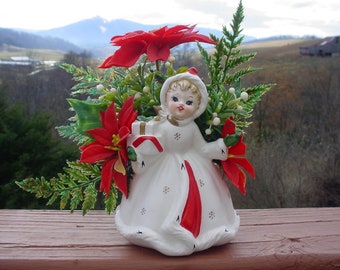 Vintage Napco Japan Ceramic Christmas Girl With Presents Planter Flowers 1950's