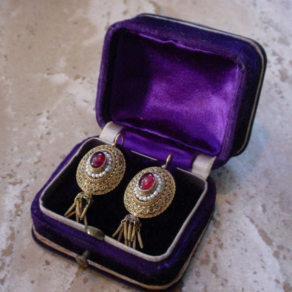 Antique Georgian 18K Gold Cannetille Garnet Pearl… - image 1