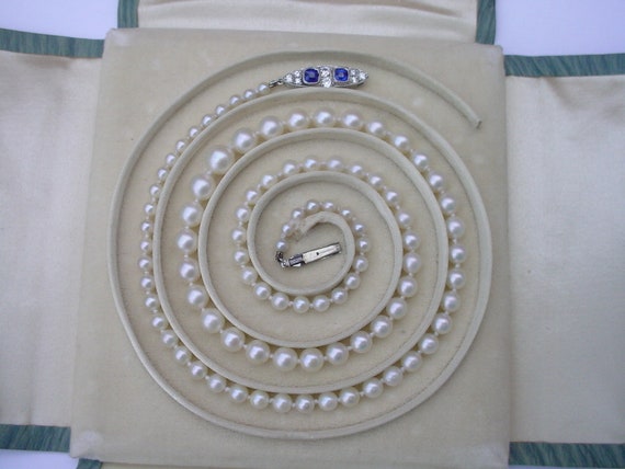 Antique Pearl Necklace with Sapphire Diamond Plat… - image 3