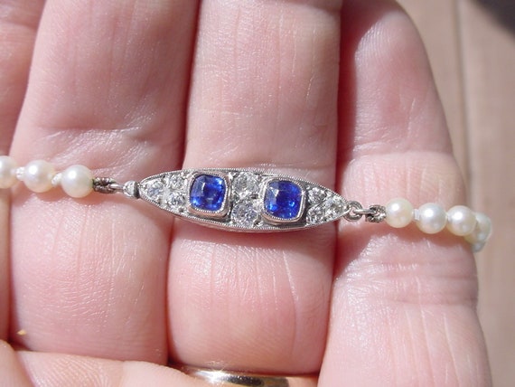 Antique Pearl Necklace with Sapphire Diamond Plat… - image 7