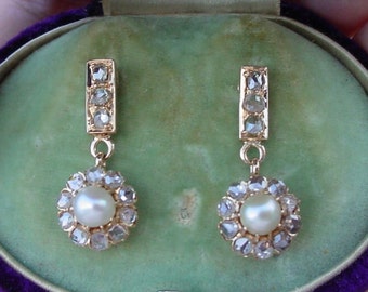 Victorian Natural Pearl and Rose Cut Diamond Earrings