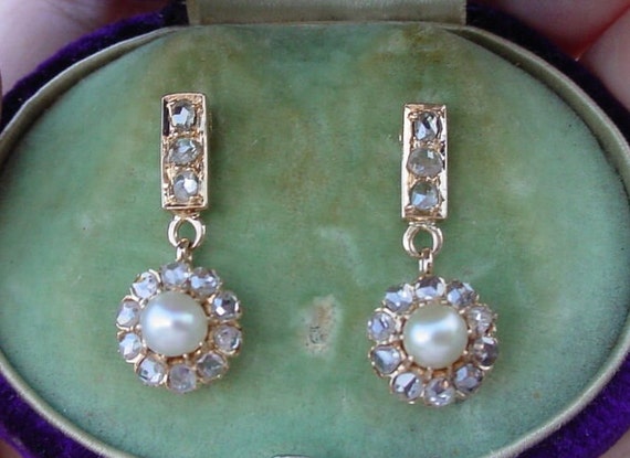 Victorian Natural Pearl and Rose Cut Diamond Earr… - image 1