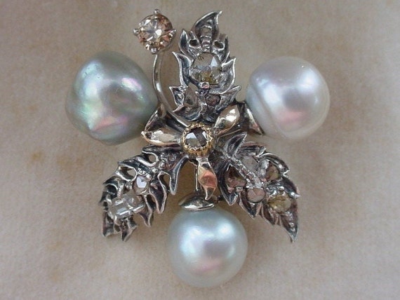 Seaman Schepps Antique Pearl Diamond Gold Brooch … - image 1