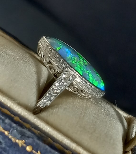 Platinum Black Crystal Opal Platinum Ring Antique… - image 2