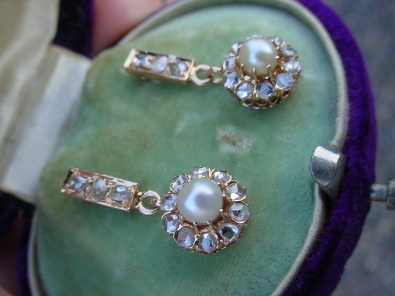 Victorian Natural Pearl and Rose Cut Diamond Earr… - image 4