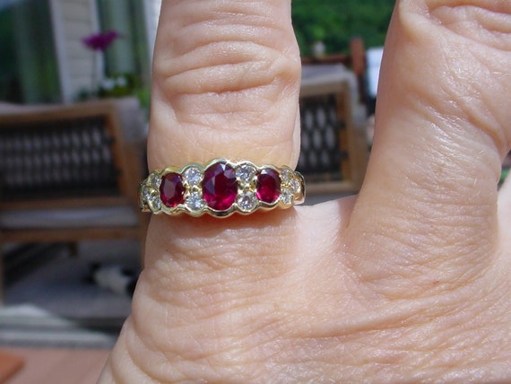 Spark Creations Three Stone Ruby Diamond Ring 18k… - image 6