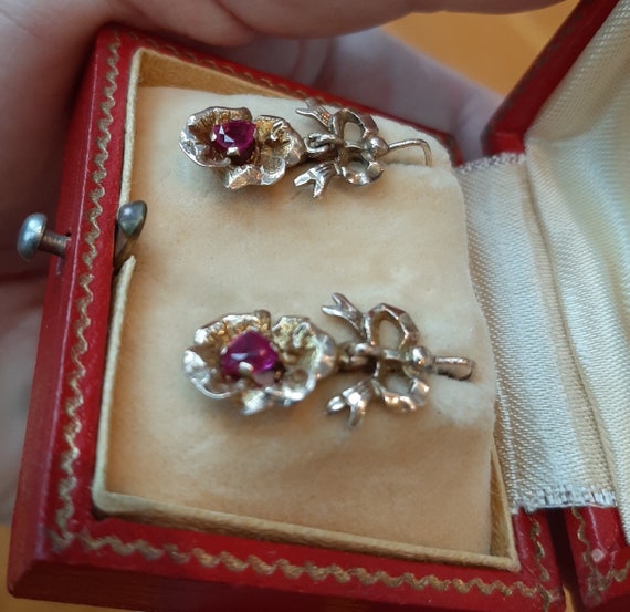 Antique Bow Flower Ruby Earrings Victorian 14k Ye… - image 3