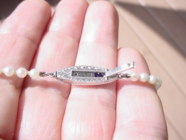 Antique Pearl Necklace with Sapphire Diamond Platinum Catch image 8