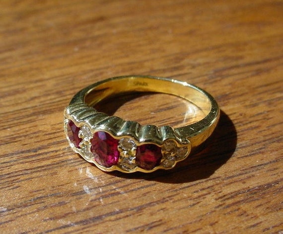 Spark Creations Three Stone Ruby Diamond Ring 18k… - image 2