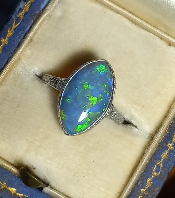 Platinum Black Crystal Opal Platinum Ring Antique… - image 10