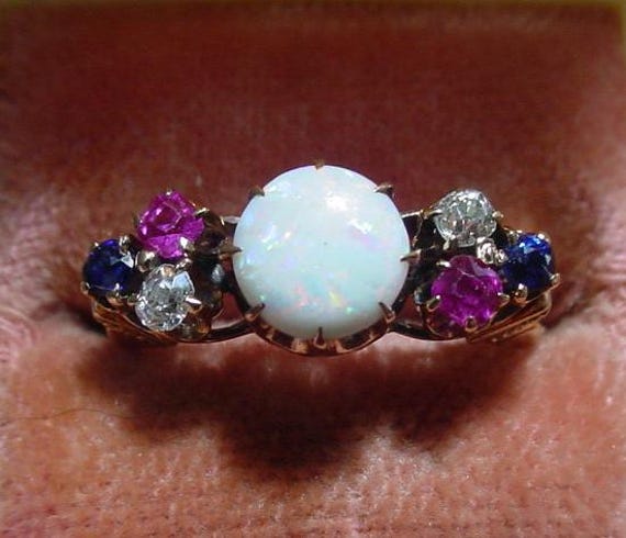 Antique Opal Ring with Diamonds Ruby & Sapphires - image 1