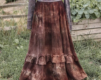 Reddish Warm Brown Maxi Skirt, Tie Dyed Tiered Skirt