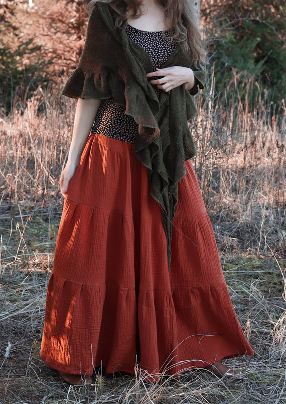 Rusty Red Ruffles Maxi Skirt Vintage Inspired Flowy Boho Style Etsy