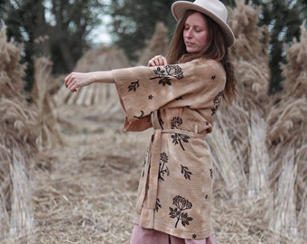 Unique Sand Yellow Kimono Robe with Hand Printed Wildflowers, Kimono Cardigan