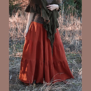 Boho Ruffles Maxi Skirt in Rust Red - Cottagecore Style
