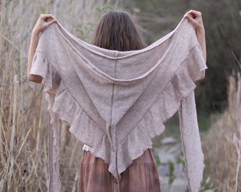 Cream Cottage Core Poncho with Elf Hood and Ruffles, Made to Order