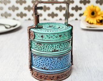 Hand Painted 2-Tier Lunch Box – Mumbai Dabba | Indian Tiffin Carrier | Gift for Her, Graduation, Friend, Stainless Steel Food Containers
