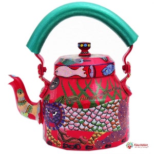 Kaushalam Hand Painted Gond folk art Tea Kettle : Tribal art tea pot, Indian artifact kettle