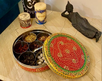 Kaushalam Hand Painted Steel spice container - Masala Box, Spice Containers, Indian Masala daani, Indian Herbs container, Spice rack