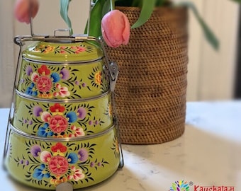 Hand Painted Floral Tiffin Carrier: 3-Tier Indian Bento Box