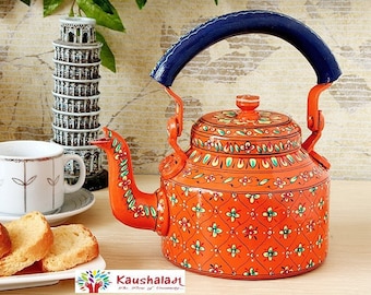 Hand-Painted Tea Kettle: Orange Mughal Floral Art