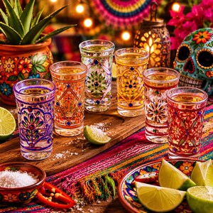 May include: A set of six clear glass shot glasses featuring intricate hand-painted floral and geometric patterns in vibrant colors like red, orange, yellow, green, and blue, arranged on a wooden board with lime wedges and salt.