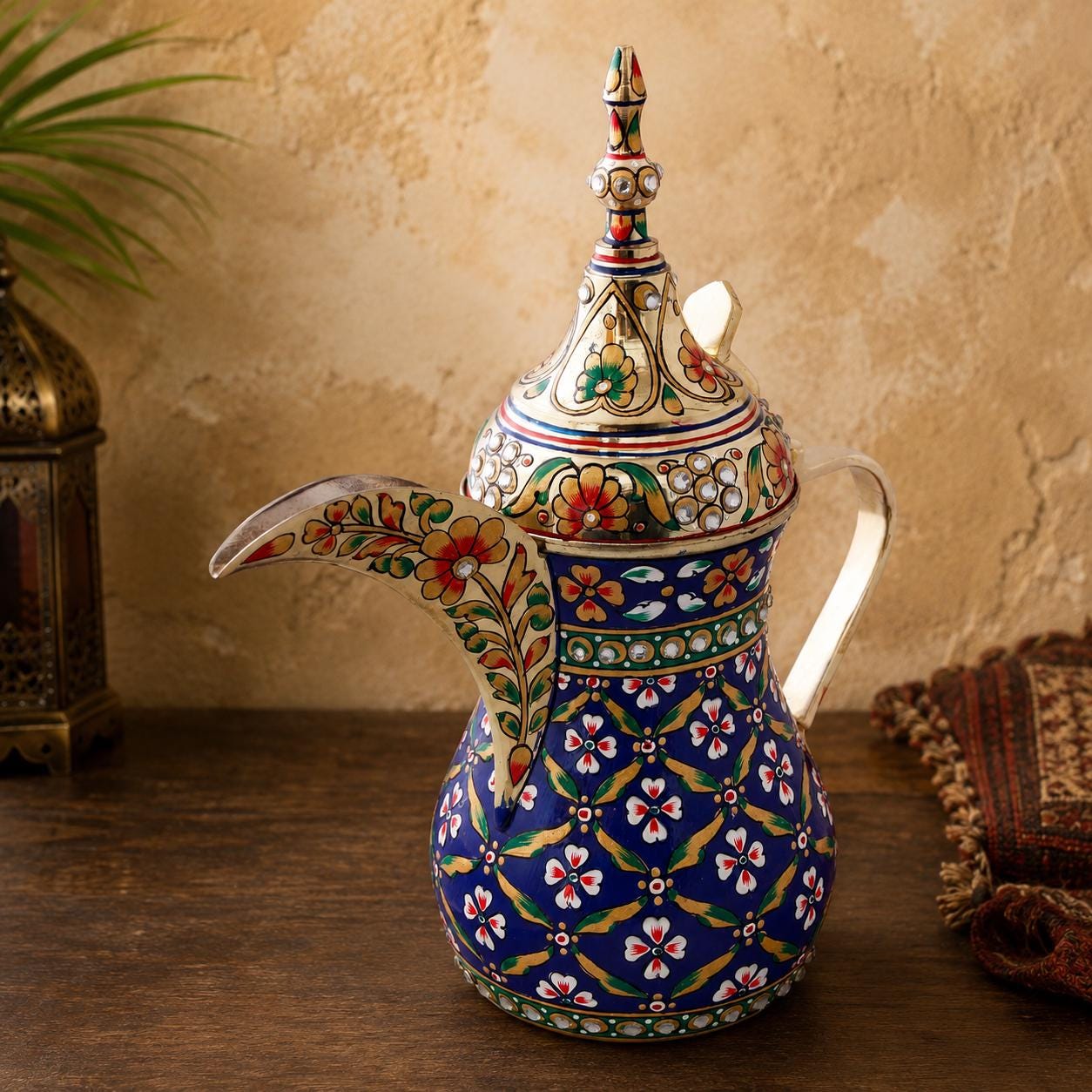 Hand-painted Brass Arabic Coffee Pot: Blue & Gold Dallah Kettle - Etsy