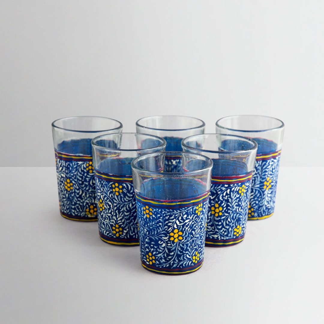 Hand Painted Tea Glasses Set of Six Cutting Chai Glass, Blue Tea Glass