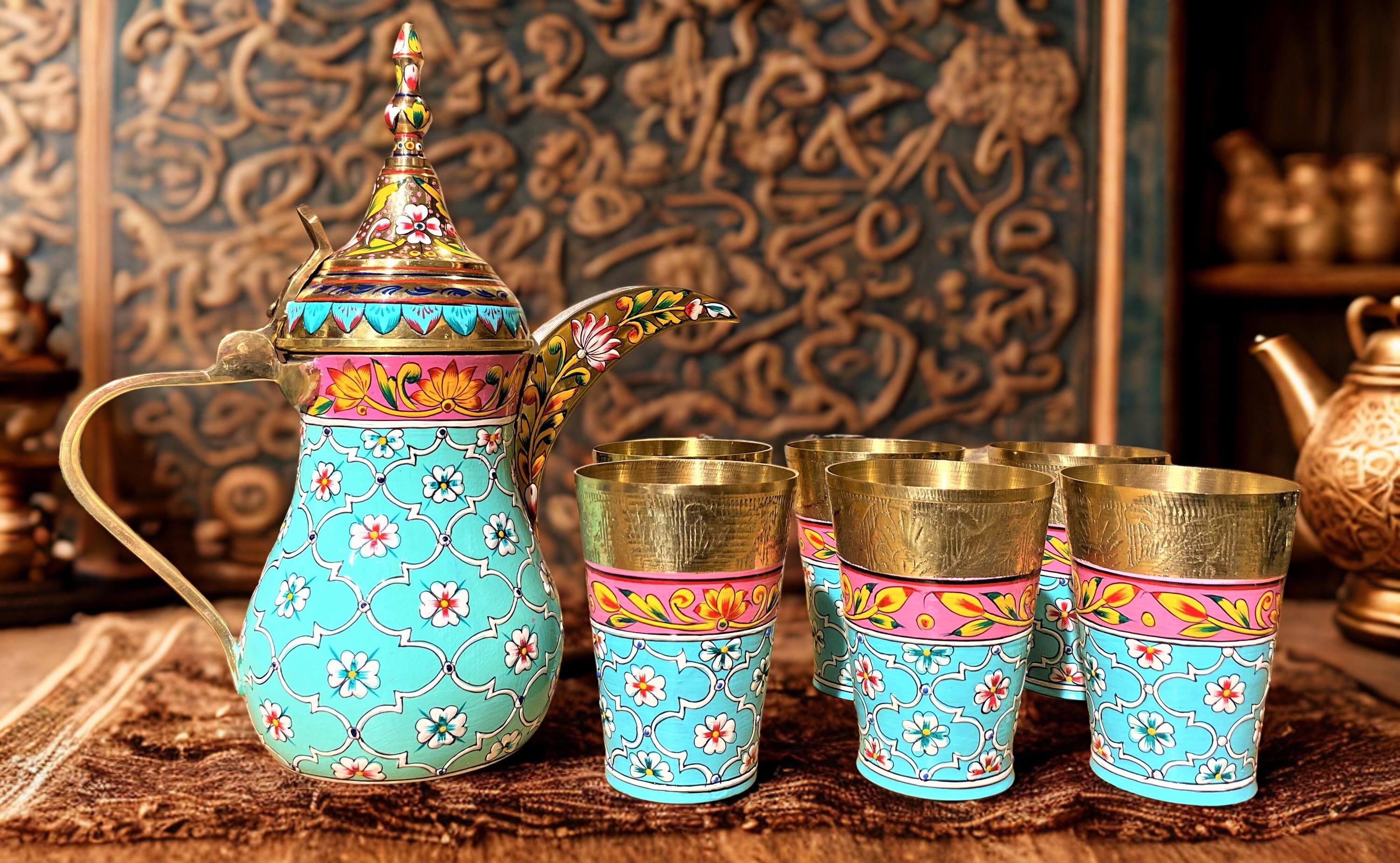 Hand Painted Brass Arabic Coffee Pot Set: Aqua Green Dallah With