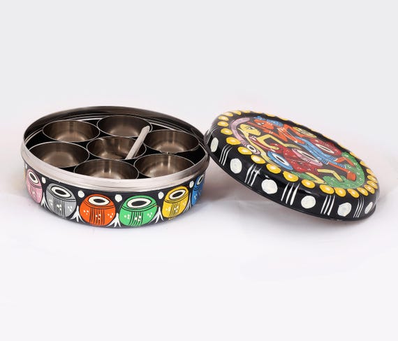 Hand-painted Spice Box: Tribal Wedding Dance - Indian Masala Daani