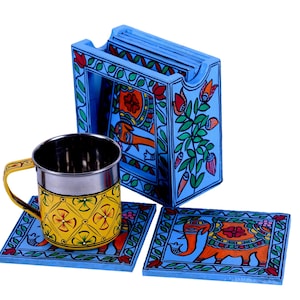 Hand Painted Madhubani Coasters set of 6 with holder - Blue Elephant Table Coasters
