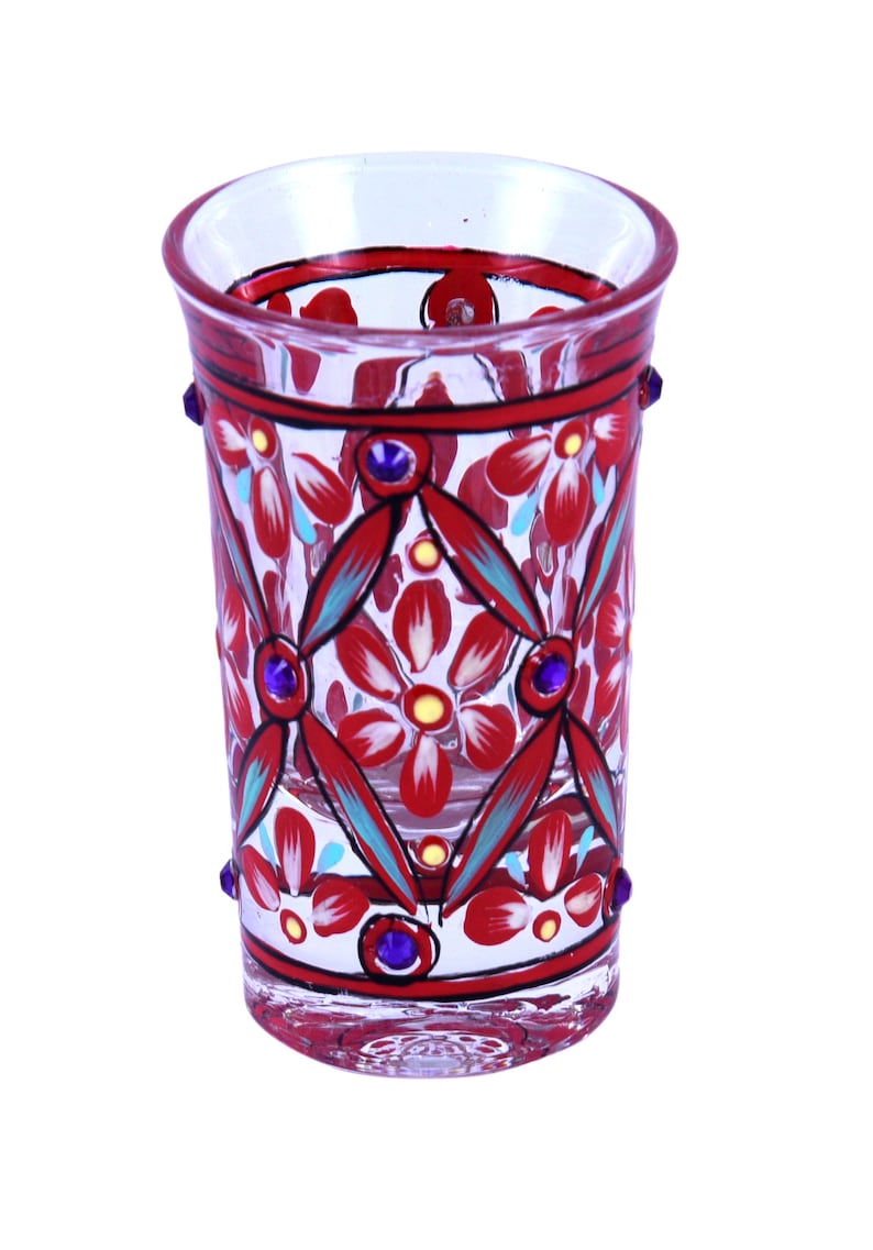May include: A clear glass tumbler featuring hand-painted red floral patterns with teal accents and black outlines. The design includes a geometric diamond lattice structure and small, circular purple rhinestones embedded along the exterior surface.