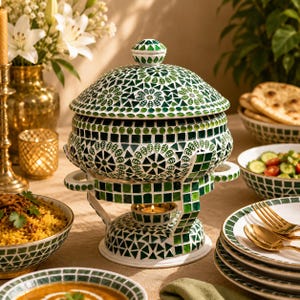 Handcrafted Mosaic Chafing Dish – Stainless Steel Buffet Server with Tea Light Warmer