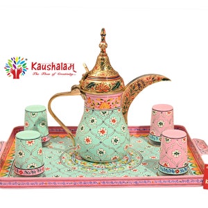 Hand Painted Arabic Coffee set, Brass Coffee Pot, Tea Glasses, Metal Tray, Dallah Coffee Set, Coffee Tea serving Pot, Ramadan Gift