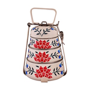 Handgeschilderde 3-laagse lunchbox Kasjmierkunst - Een dabba- of tiffindrager in Indiase stijl, cadeau voor haar, picknickdoos