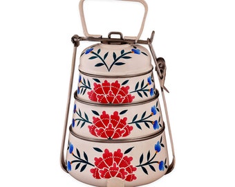 Hand Painted 3 Tier Lunch Box: Kashmiri Art Tiffin Carrier